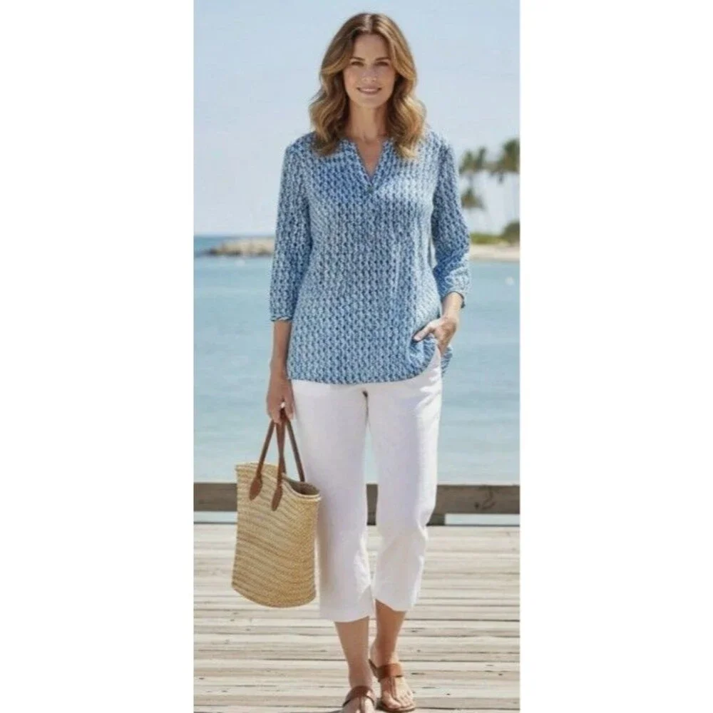 NWT TALBOTS MP Medium Petite Popover Tunic Top Seahorse Print Blue Beachy Cotton